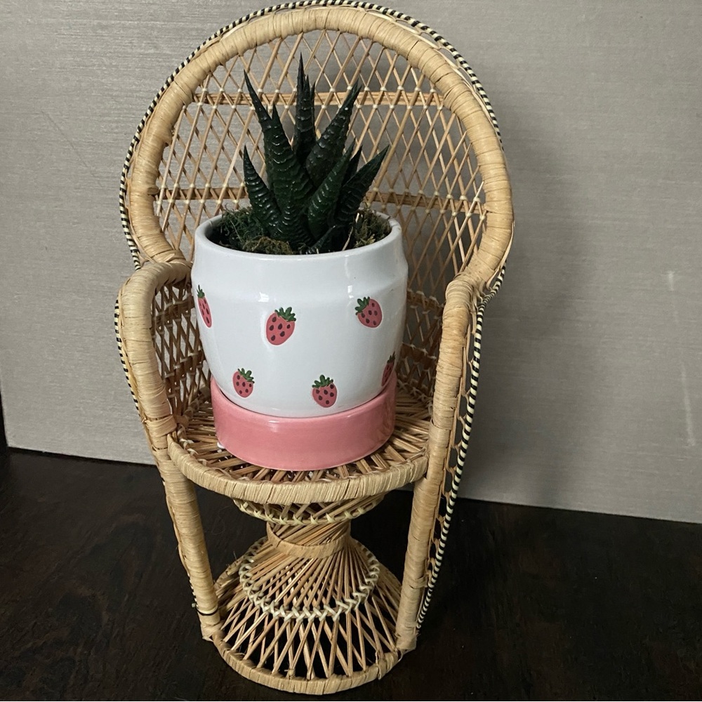 Vintage Wicker Rattan Peacock Mini Chair - Plant Stand - Doll Size Chair
